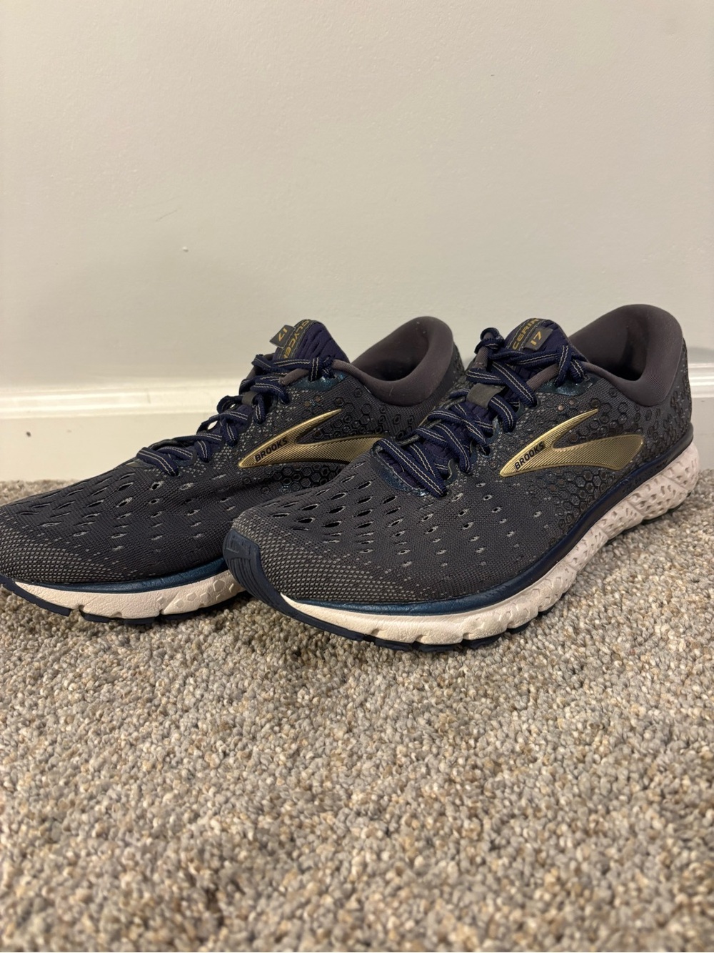 Brooks Glycerin 17 Men’s Running Shoes Lace-Up Navy Gold White Sz 7 NO SOLES